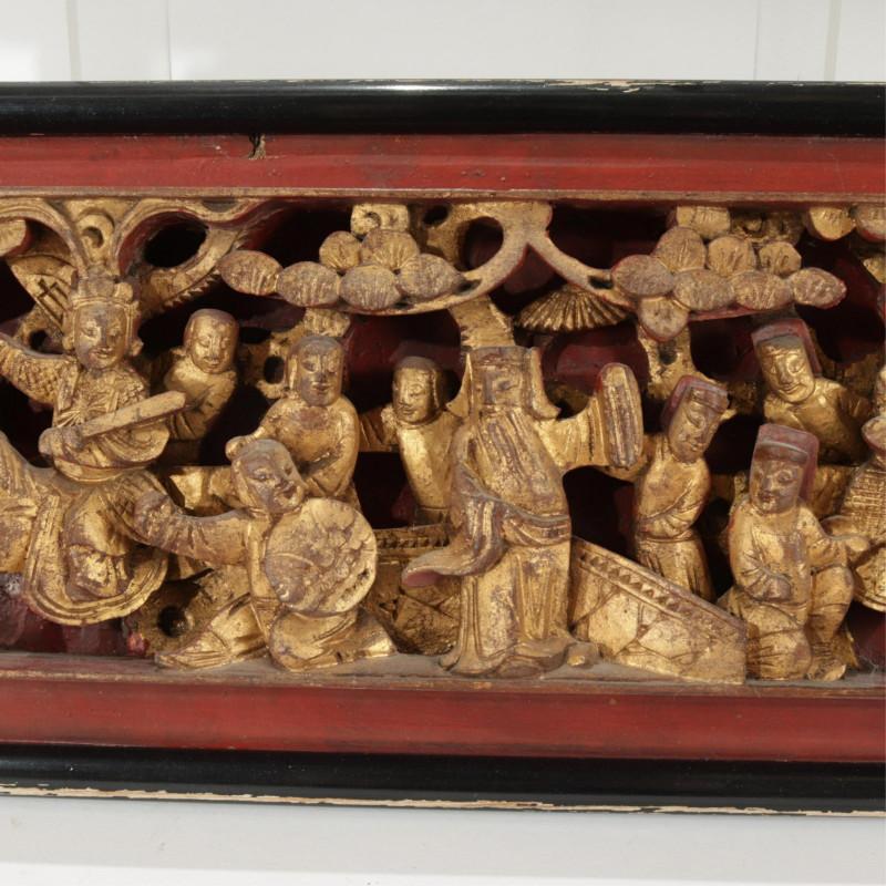 Image 3 of lot 2 Chinese Wood Carved Panels Gilt & Red Lacquer