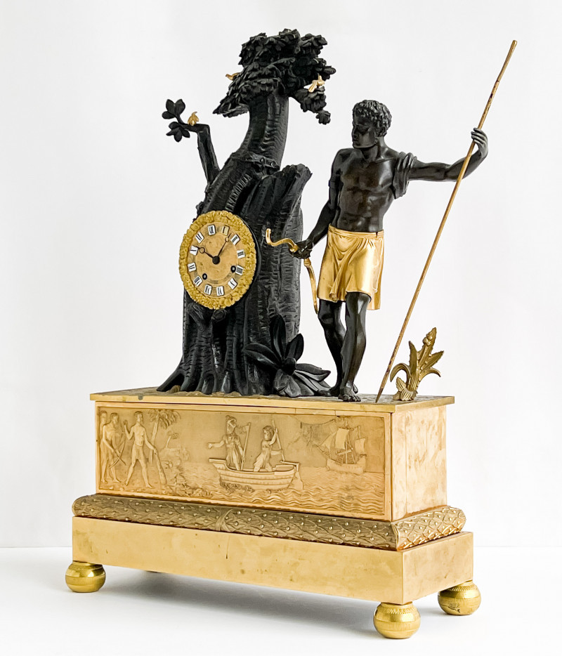 French Gilt and Patinated Bronze Figural Mantel Clock