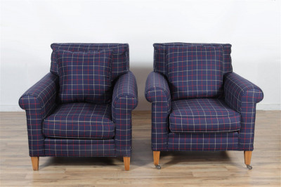 Pair Ralph Lauren Blue Plaid Lounge Chairs