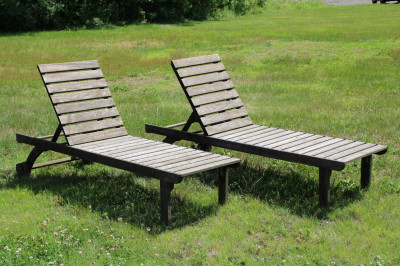 Image for Lot Pair Teak Deck Chaise Lounge Wood Classic