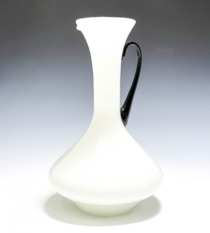 Italian White Cased Glass Pitcher with Black Handle