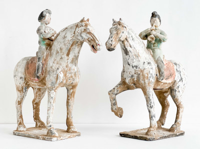 Image for Lot Pair of Chinese Painted Pottery Equestrian Musicians