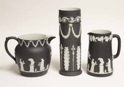 Image for Lot Wedgwood Black Jasper Dip Vase & 2 Pitchers