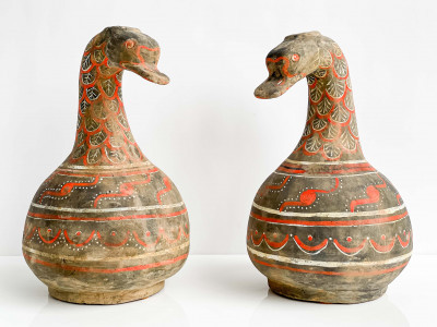 Title Pair of Chinese Painted Pottery Duck Form Pouring Vessels / Artist