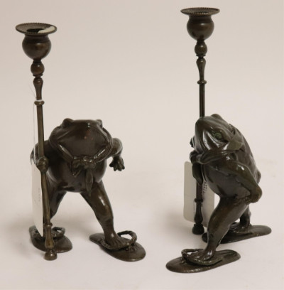 Image for Lot Pair Patinated Bronze "Bullfrog" Candlesticks