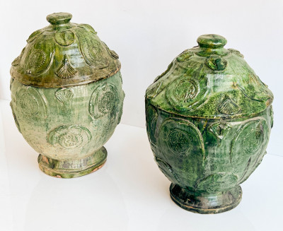Two Similar Chinese Green Glazed Lidded Ceramic Vessels