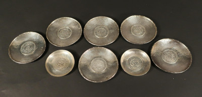 8 Small Silver Chinese Dragon Dollar Coin Dishes