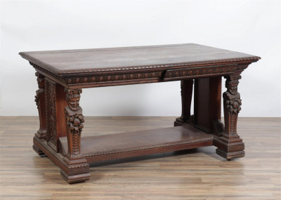 Image for Lot Renaissance Revival Oak Library Table, 19/20th C.