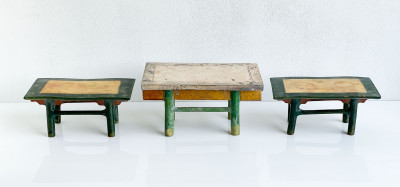 Image for Lot Chinese Green and Amber Glazed Ceramic Model of an Offering Table, Group of 3