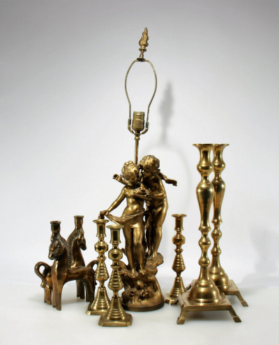 Image for Lot 7 Brass Candlesticks and Figural Metal Lamp