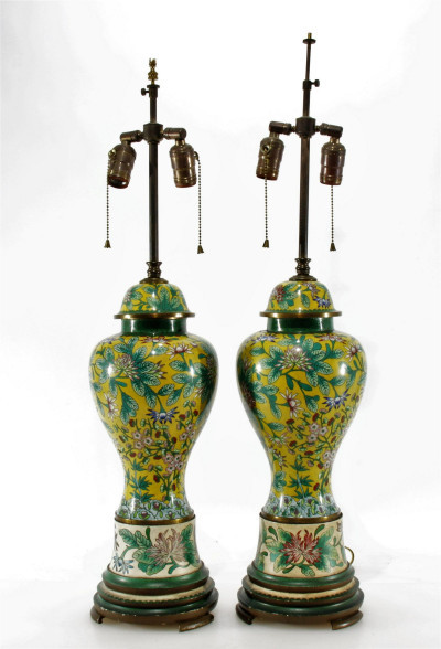 Image for Lot Pair Chinese Stye Cloisonne Yellow Ground Lamps