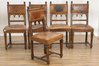 Image for Lot Five Gothic Revival Carved and Leather Side Chairs