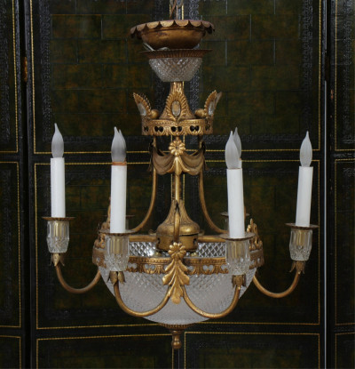 Image for Lot Six Light Gilt Metal and Pressed Glass Chandelier