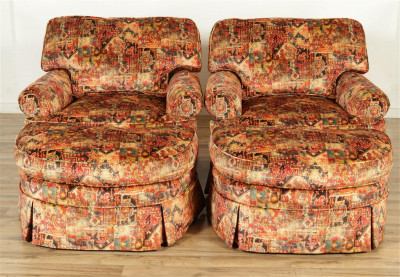 Image for Lot Pr. Henredon Upholstered Lounge Chairs & Ottoman