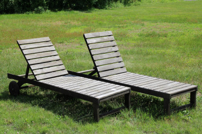 Image for Lot Pair Wood Classic Teak Patio Chaise Lounge
