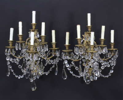 Image for Lot Pair of Louis XVI Style Ormolu & Cut Glass Sconces