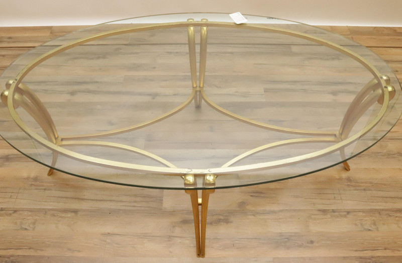 Gilded Metal and Glass Oval Cocktail Table