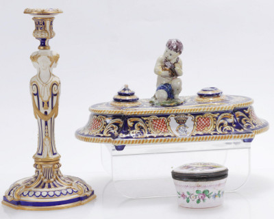 Image for Lot Renaissance Style Inkwell, Candlestick & Box