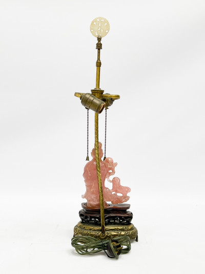 Chinese Rose Quartz Carved Figure of a Daoist Immortal, mounted as a lamp