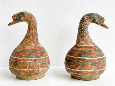 Pair of Chinese Painted Pottery Duck Form Pouring Vessels