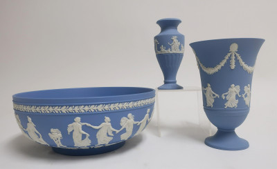 Image for Lot Wedgwood Jasperware Dancing Hours Bowl & Vases