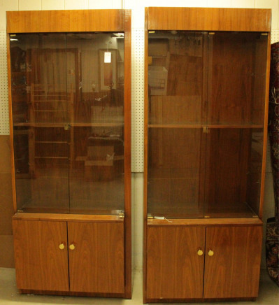 Image for Lot Pair of 1970's Walnut  Glass Display Cabinets