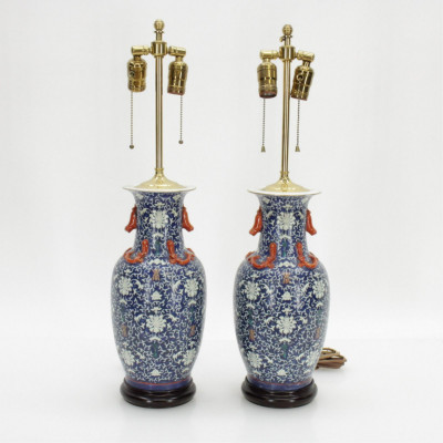 Image for Lot Pair Blue Chinese Porcelain Vases as Lamps