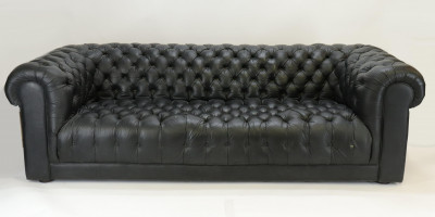 Image for Lot Black Leather Upholstered Chesterfield Sofa