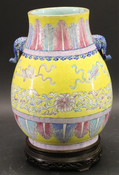 Image for Lot Chinese Polychrome Vase with carved hardwood stand