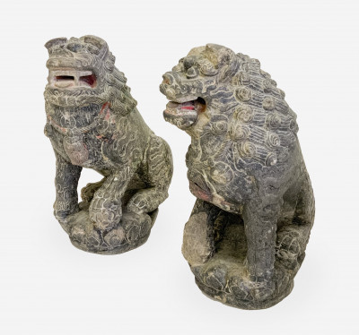 Pair of Chinese Carved and Painted Stone Figures of Lions