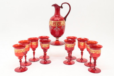 Image for Lot Bohemian Cranberry Pitcher and Wine Glasses