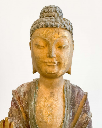 Chinese Gilt and Painted Stone Figure of Buddha