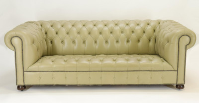 Image for Lot Green Leather Brass Buttoned Chesterfield Sofa