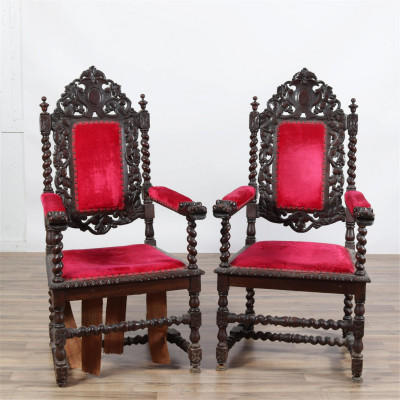 Image for Lot Pr Renaissance Revival Oak Throne Chairs, 19/20 C.