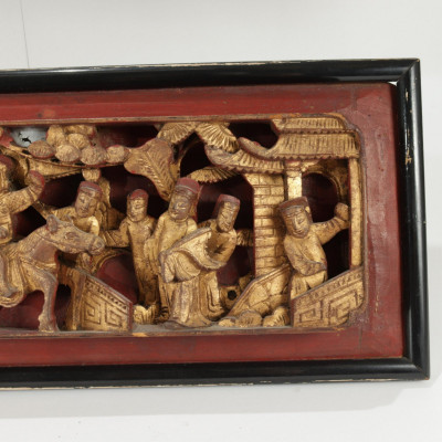 Image 4 of lot 2 Chinese Wood Carved Panels Gilt & Red Lacquer