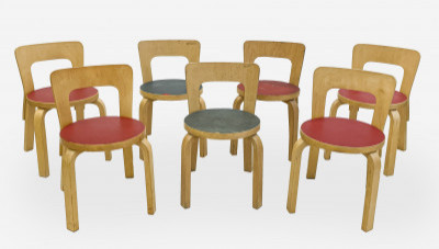 Alvar Aalto, group of 7 N65 children's chairs
