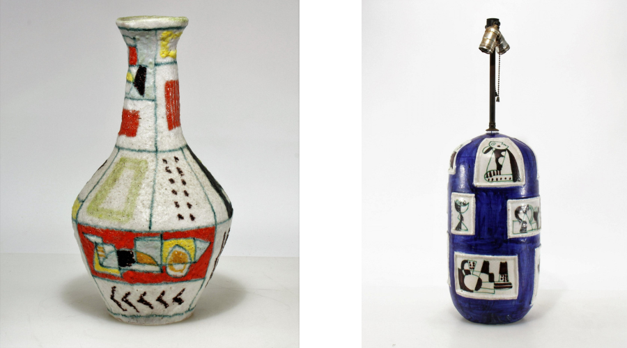 From left: Lot 507, Guido Gambone, Vase, $11,050; Lot 571, Guido Gambone, Ceramic Lamp (Mid 20th C.), $5,330