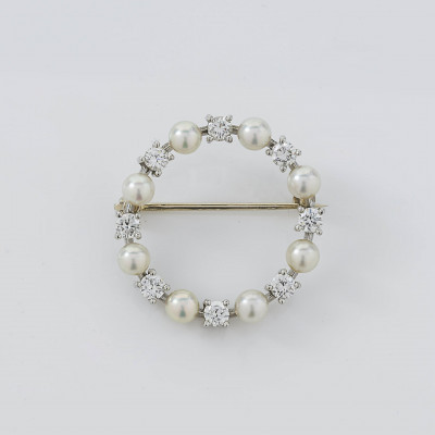 Image for Lot Diamond & Pearl Open Circle Brooch