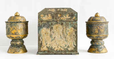 Chinese Parcel Gilt Metal Box and a Pair of Metal Urns