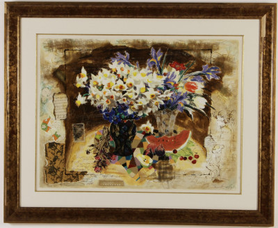 Image 2 of lot 20th C. Still Life Litho, Flowers, Melon, Figures