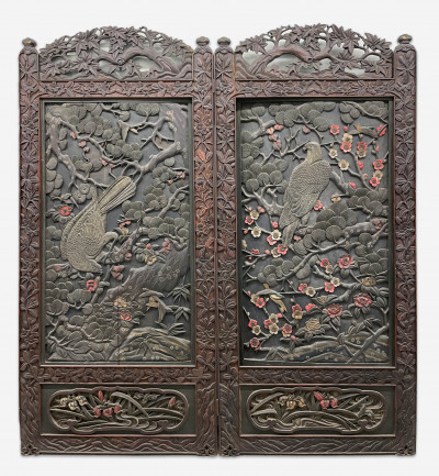 Image for Lot Japanese Lacquered and Carved Wood Two Panel Screen