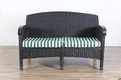 Image for Lot Vintage Black Painted Wicker Loveseat, E 20th C.