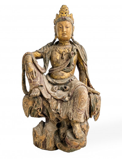 Chinese Carved and Painted Wood Figure of Guanyin