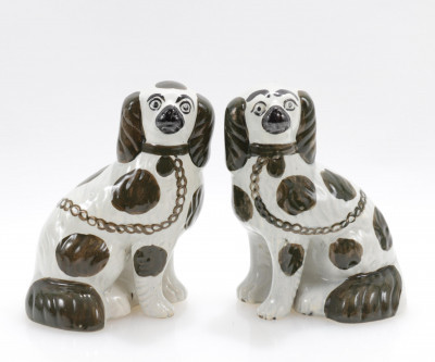 Image for Lot Pair of Staffordshire Pottery Spaniels 19th C