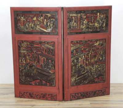 Image for Lot 19th C. Chinese Painted Gilt Wood Carved Panels