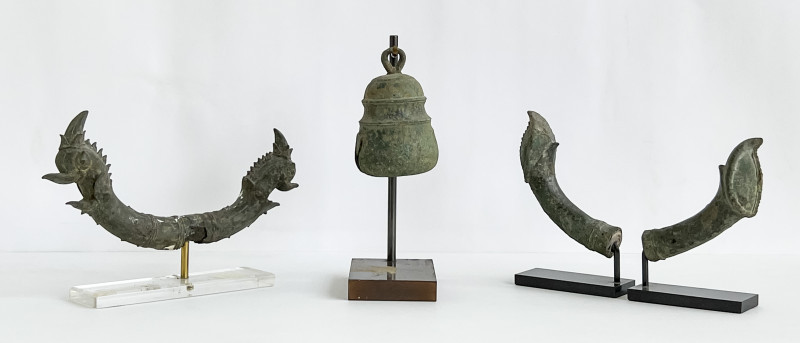 Two Khmer Bronze Palanquin Pole Ends and Bronze Temple Bell