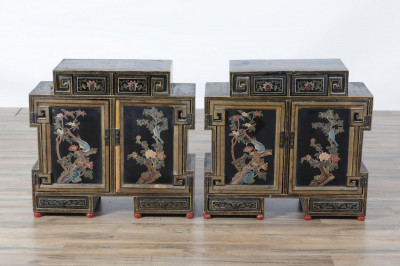 Image for Lot Pair Chinese Gilt Black Lacquer Low Cabinet