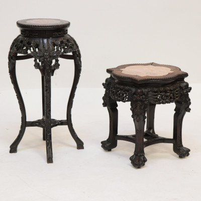 Image for Lot 19th C. Carved Chinese Stands With Marble Inserts