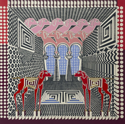Image for Lot Pedro Friedeberg - Untitled (Dogs in Geometric Interior)